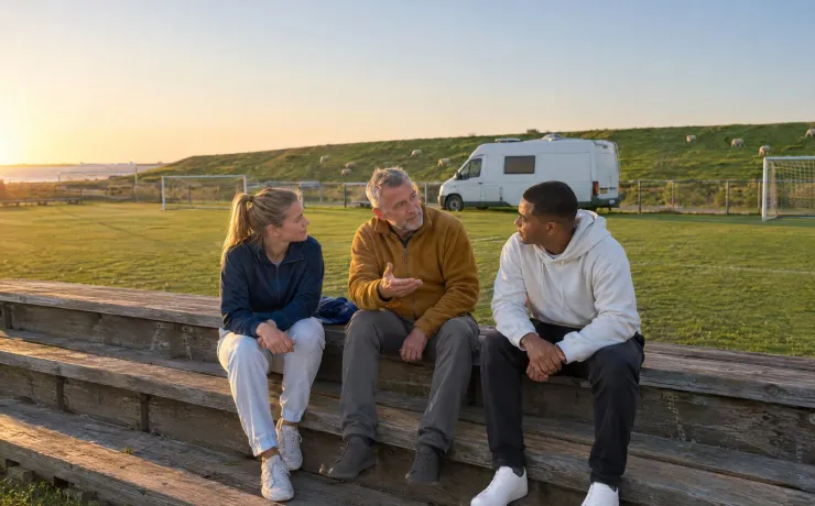 Ein erfahrener Mann erzählt auf einer Küstentribüne zwei jungen Sportlern, hinter ihnen steht sein Camper am Zaun
