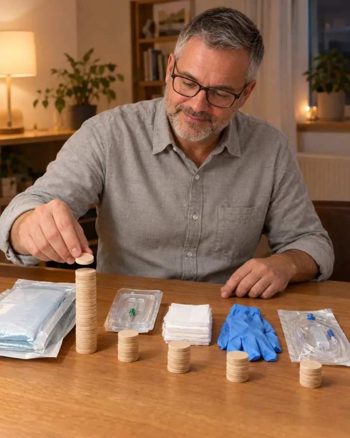 Mann ordnet am Abend am Küchentisch dem Einmalmaterial eines Behandlungsfalls Stapel aus Holzchips zu, um die Materialkosten zu vergleichen