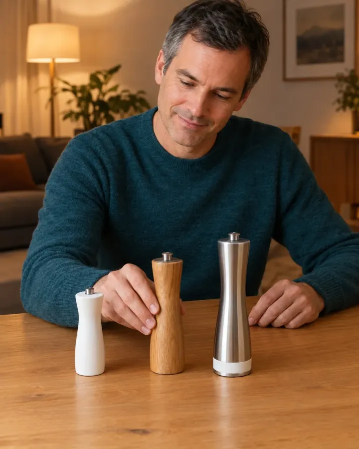 Mann ordnet am Abend drei Pfeffermühlen aus Kunststoff, Eichenholz und Edelstahl als Stufen einer Produktlinie, die Hand an der Holzmühle in der Mitte