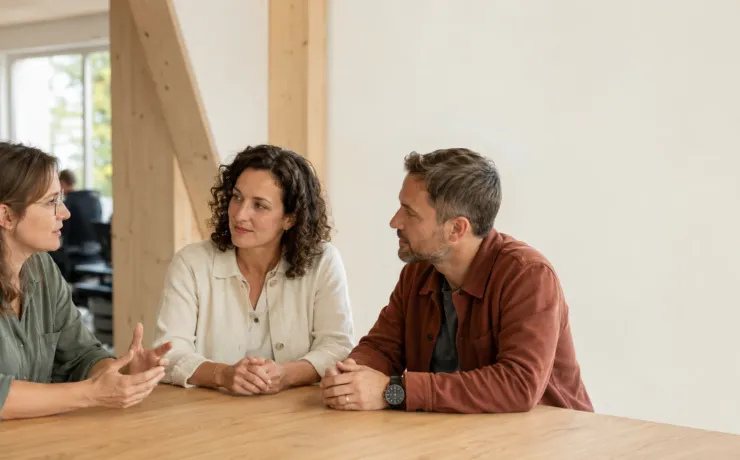 Drei Beschäftigte sprechen an einem Tisch in einem hellen Büro miteinander