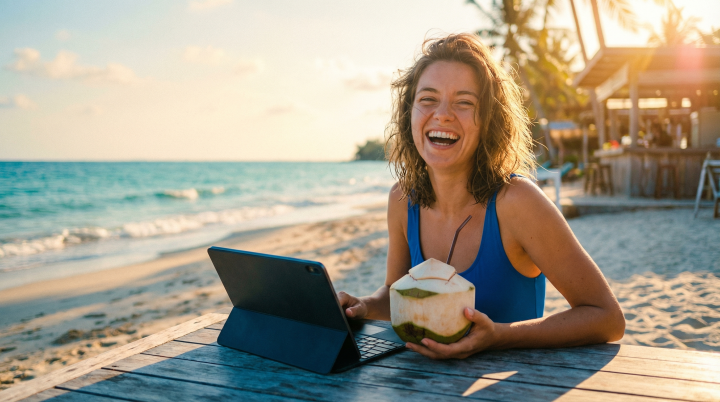Eine Frau sitzt lachend mit einem Tablet an einem Holztisch am Strand und hält eine frische Kokosnuss in der Hand; im Hintergrund Meer und Palmen.