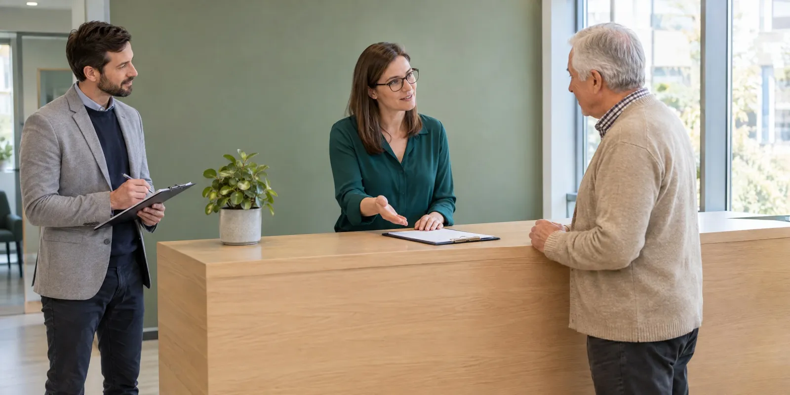 Arbeitspsychologe bewertet am Kundenschalter eines Stadtwerks die Arbeitsprobe einer Bewerberin, die einen gespielten Kunden berät