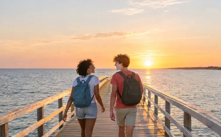 Zwei junge Menschen laufen lachend über einen langen Holzsteg an der Ostsee auf den Horizont zu