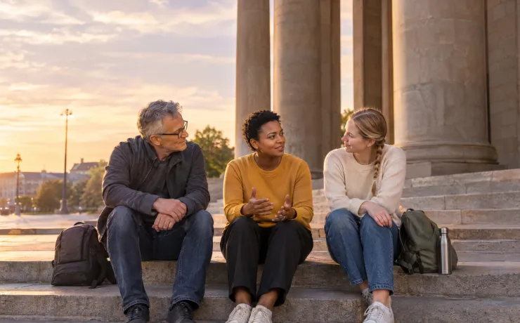 Drei Menschen unterschiedlichen Alters sitzen abends auf einer Steintreppe, eine Frau erzählt, die anderen hören zu