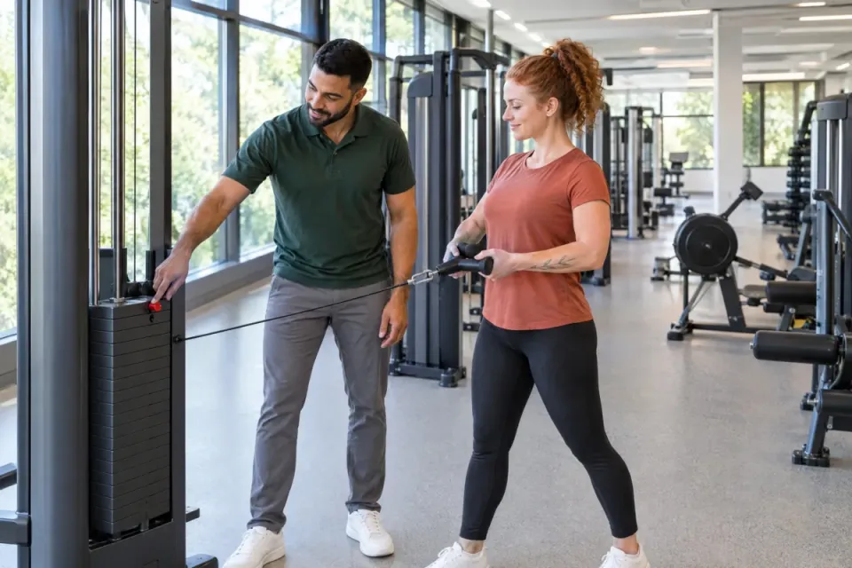 Studioleiter stellt am Seilzug eines Gesundheitsstudios die leichteste Gewichtsstufe ein, eine Trainerin zieht den Griff probeweise