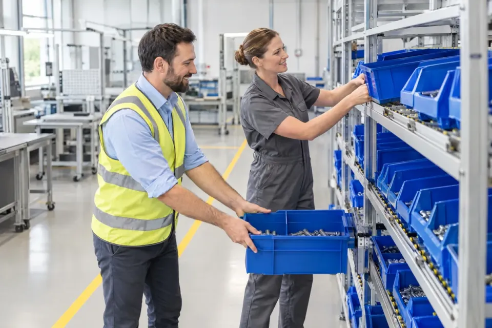 Supply-Chain-Manager und Linienleiterin schieben an der Montagelinie volle Behälter in das Durchlaufregal