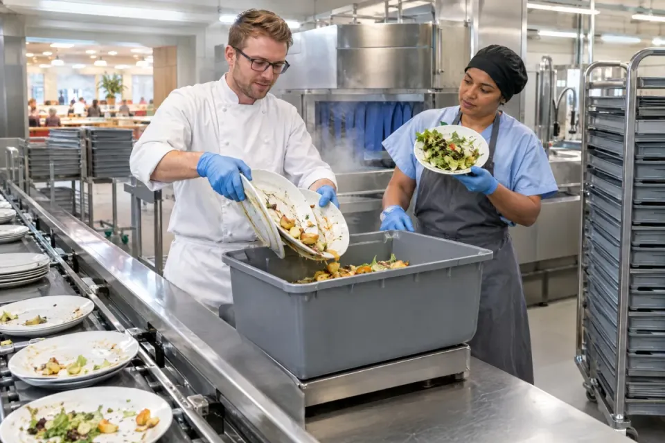 Ernährungsfachmann wiegt am Tellerrücklauf einer Kantine die Reste von drei Tellern, die Spülkraft zeigt einen Teller mit übrigem Salat