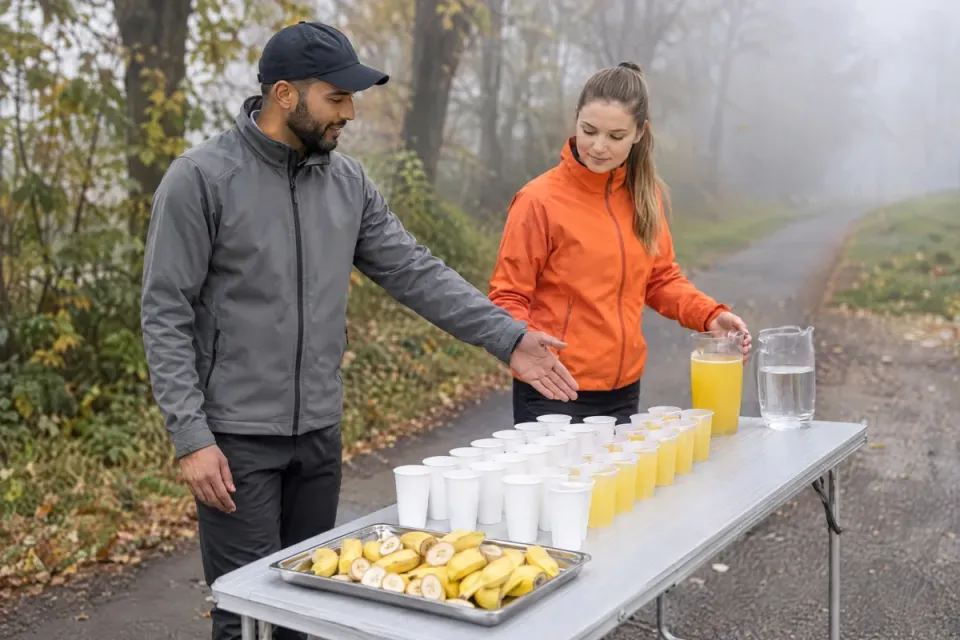 Ernährungsberater ordnet an einer Verpflegungsstelle vor dem Start die Becher mit Wasser und Saftschorle in getrennten Reihen, die Helferin hilft