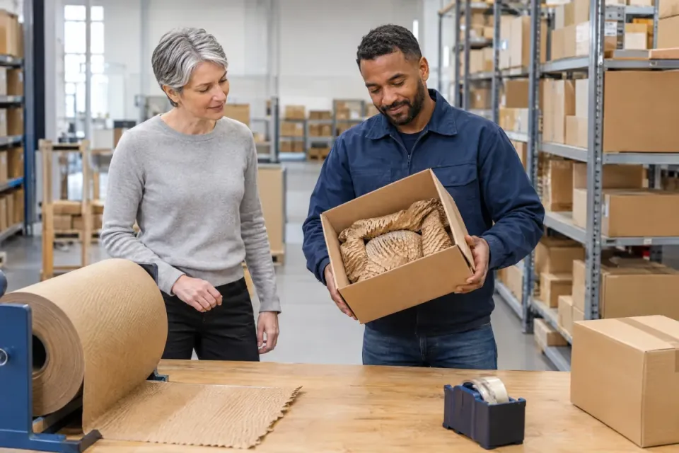 Prozessmanagerin und Lagerleiter beurteilen am Packtisch, ob Papierpolster ein Produkt im Versandkarton sicher hält