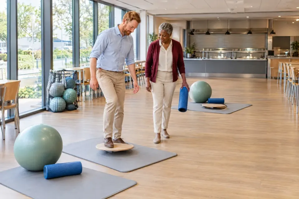 Gesundheitsmanager und Personalreferentin bauen im Betriebsrestaurant Bewegungsstationen für einen Gesundheitstag auf