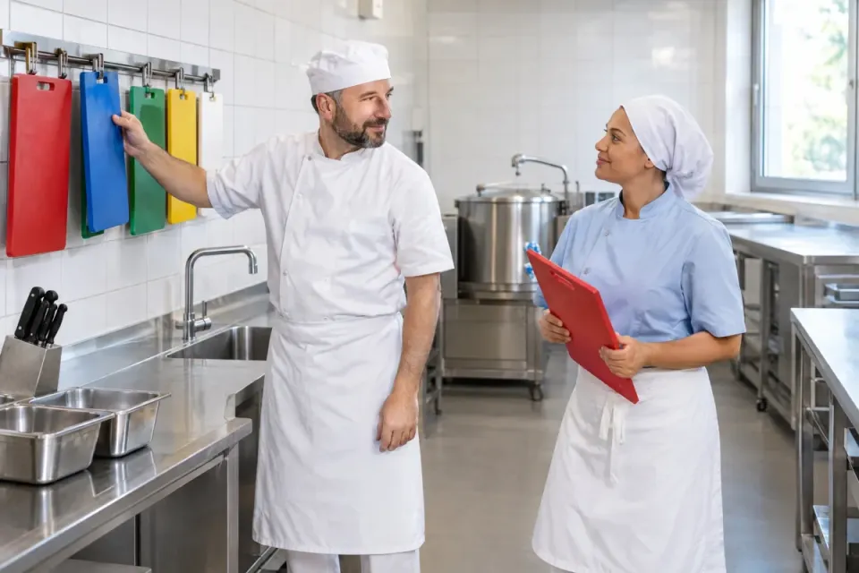 Hygienemanager und Küchenleiterin ordnen in der Küche einer Kita die farbigen Schneidebretter an der Wandschiene