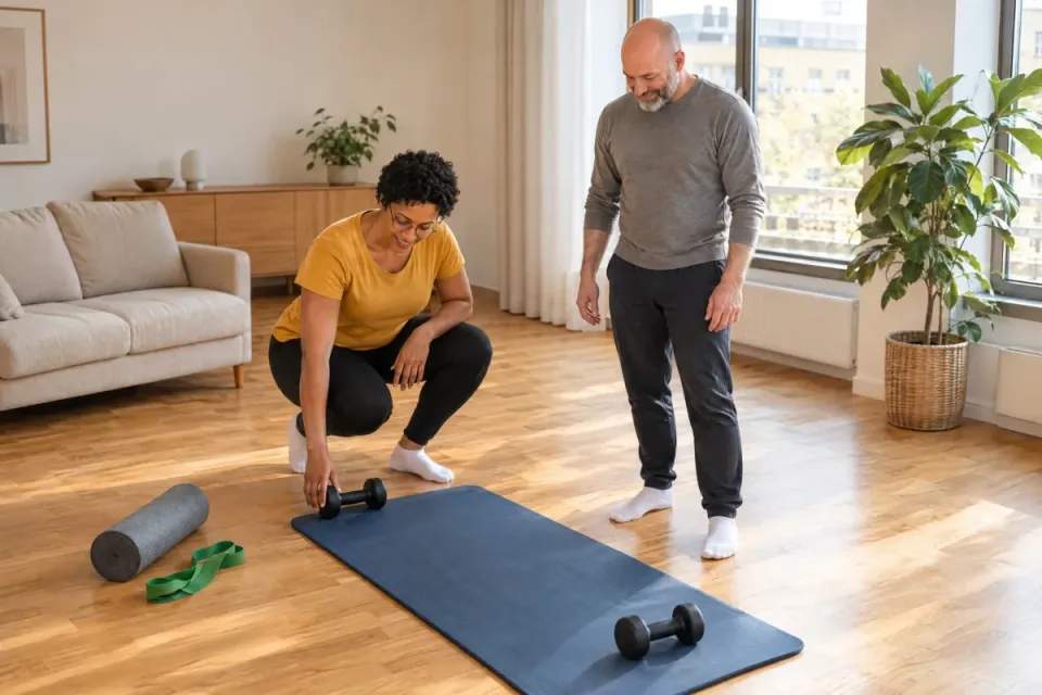 Trainerin richtet im Wohnzimmer eines Kunden den Trainingsplatz ein und legt Kurzhanteln an die Gymnastikmatte