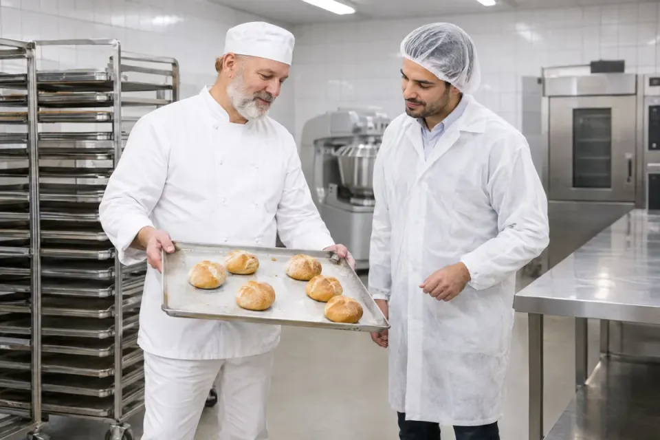 Backstubenleiter hebt ein Blech mit wenigen Brötchen aus dem Etagenwagen, der Projektmanager schätzt den Nutzen einer Absatzprognose ab