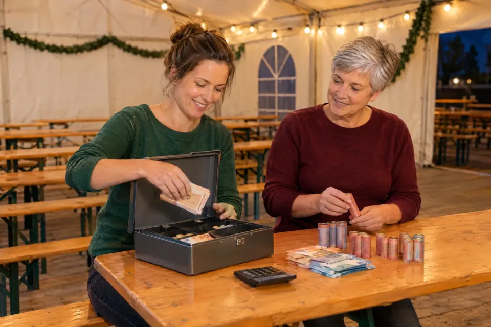 Geschäftsführerin und Kassenwartin zählen im Festzelt nach dem Vereinsfest gemeinsam die Einnahmen aus der Geldkassette