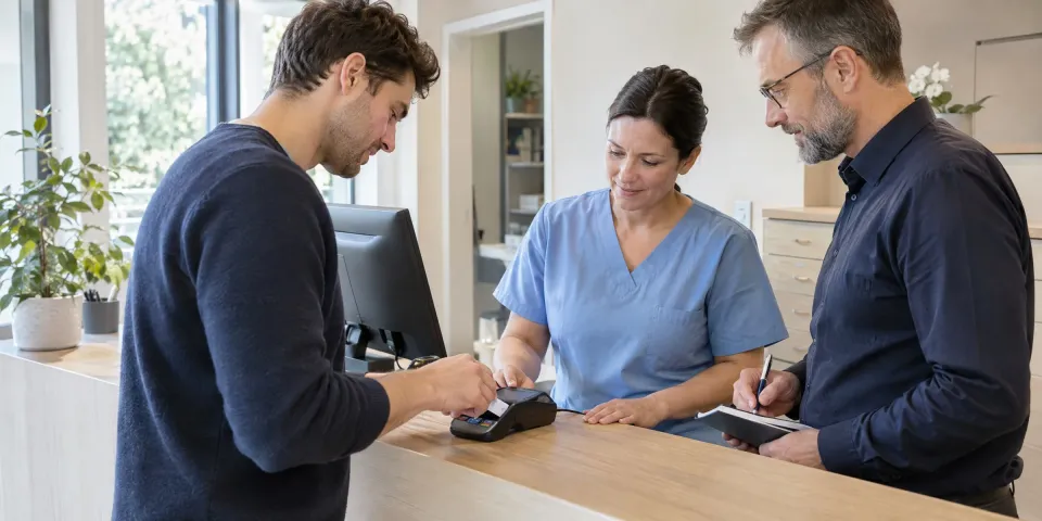 Eine Interoperabilitäts-Spezialistin prüft mit einem Versorgungsteam den erfolgreichen Datentransfer zwischen zwei Systemen.