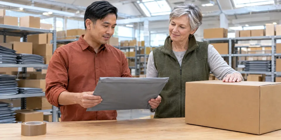Eine E-Commerce-Produktmanagerin bespricht mit einem Kollegen die Priorisierung im Produktkatalog.