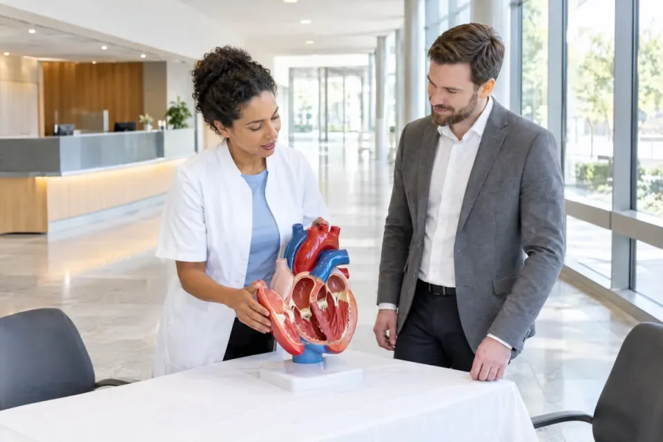 Oberärztin klappt in der Eingangshalle einer Klinik ein Herzmodell auf, der Marketingmanager plant damit den Tag der offenen Tür