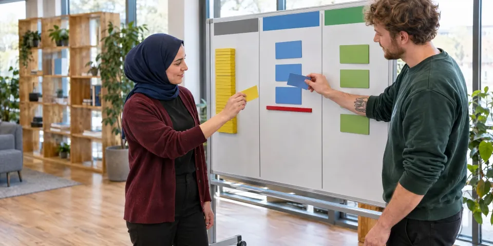 Ein Product Owner priorisiert nach einer Sprint Review gemeinsam mit einem Entwicklungsteam den nächsten Arbeitsschritt.