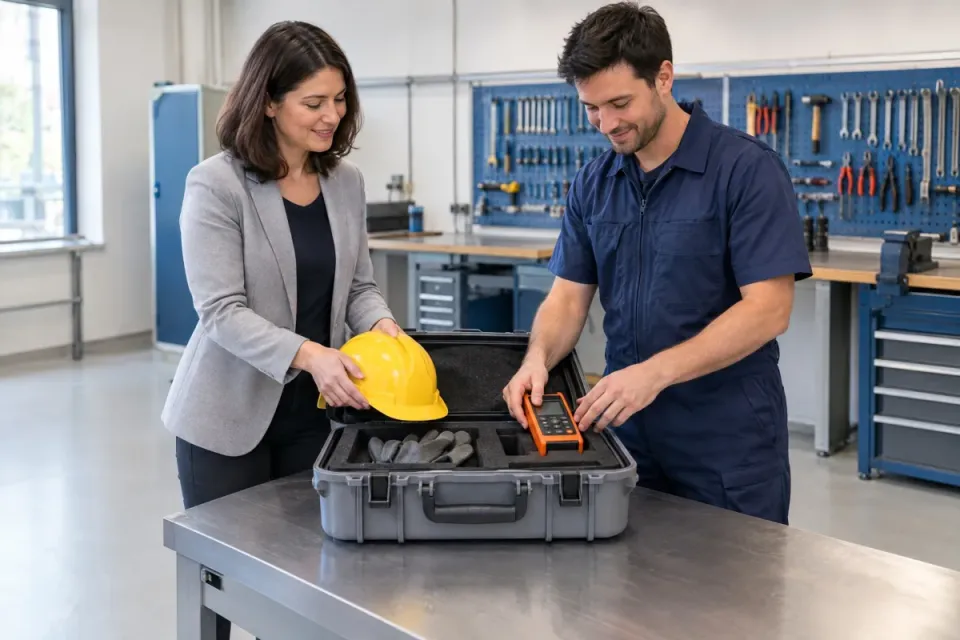Personalreferentin und Servicetechniker packen in der Werkstatt Messgerät und Schutzhelm in den Einsatzkoffer für eine Entsendung