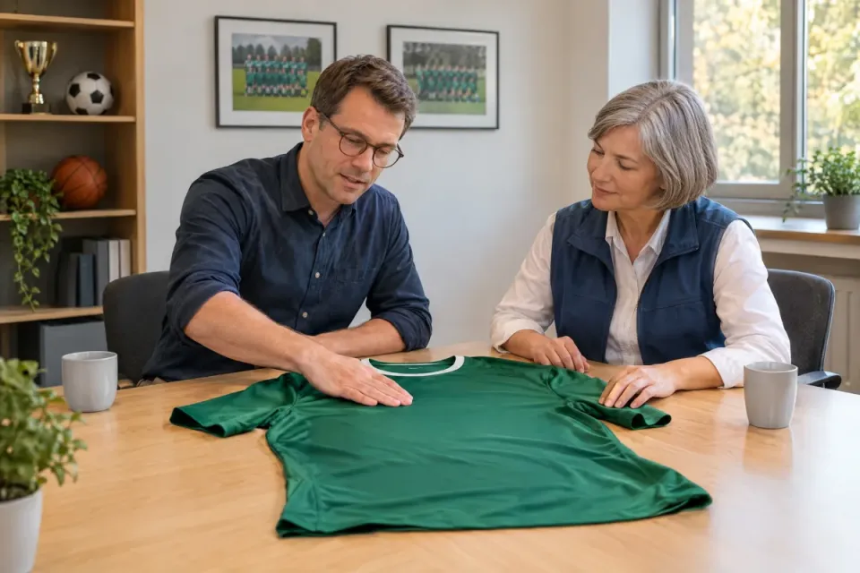 Sportmarketing-Manager bespricht mit einer Sponsorin an einem Vereinstrikot, wo ihre Partnerfläche auf der Brust sitzen soll