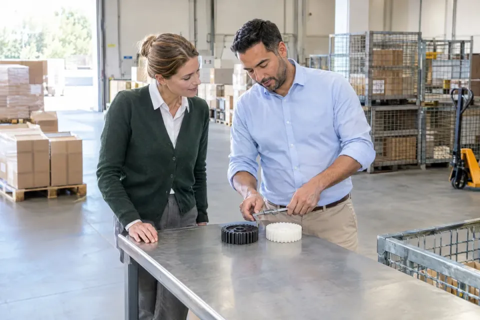 Technische Betriebswirtin und Einkäufer vergleichen im Wareneingang zwei Kunststoffzahnräder zweier Lieferanten