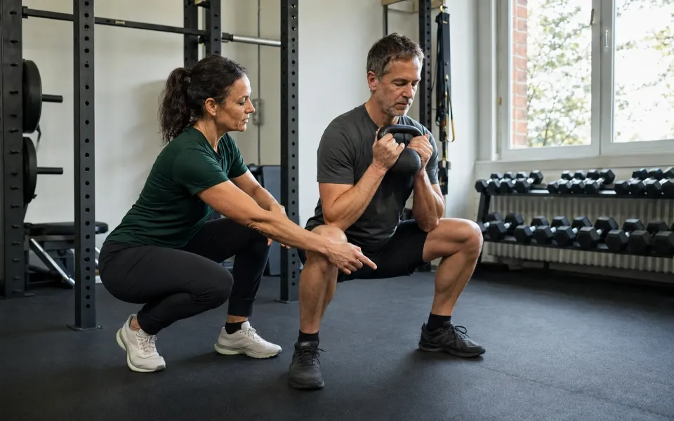 Personal Trainerin korrigiert die Kniestellung eines Kunden bei einer Kettlebell-Kniebeuge