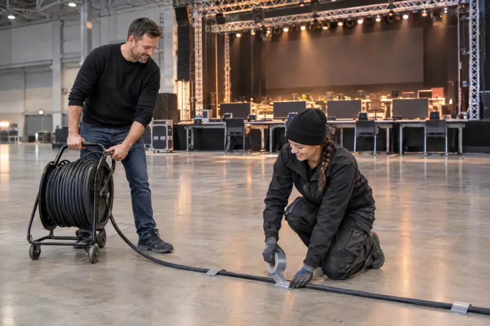 Eventmanager und Technikerin verlegen vor dem Turnier ein Kabel vor der Bühne und kleben es am Hallenboden fest
