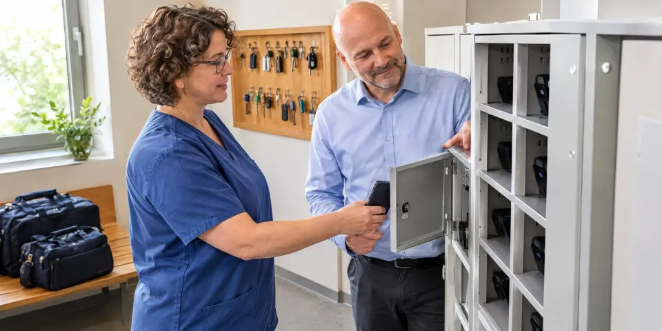 Ein Digital-Health-Manager prüft mit zwei Kolleginnen an einer abstrakten Reifegradkurve die Einsatzbereitschaft eines digitalen Angebots.