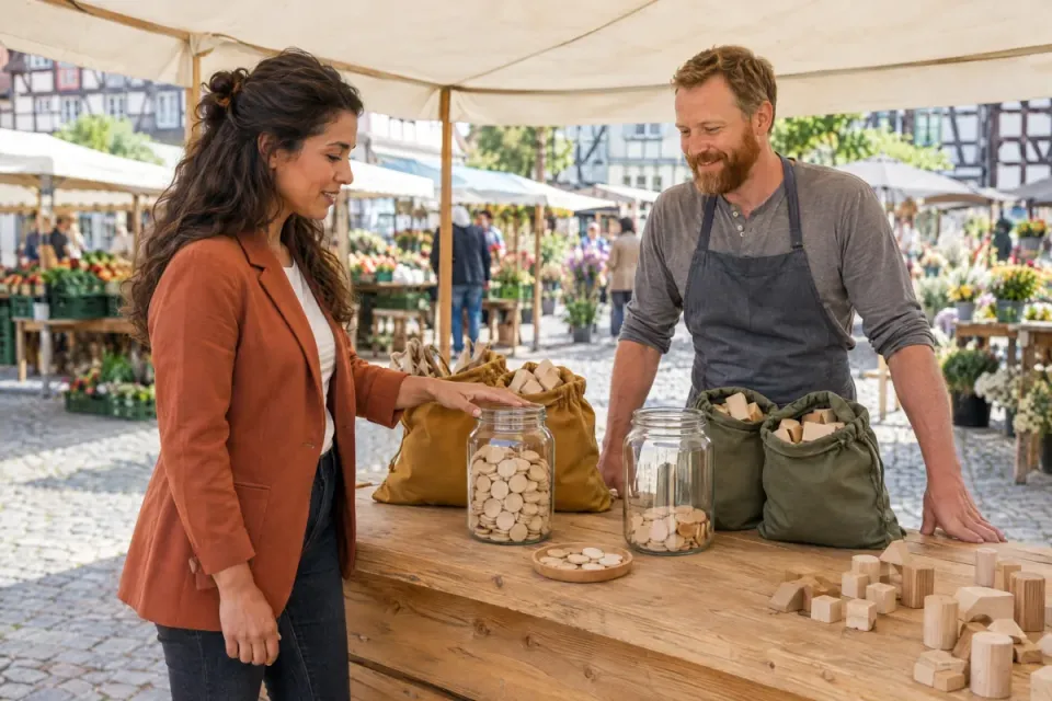 Beraterin und Holzspielzeugmacher vergleichen am Marktstand zwei Abstimmungsgläser mit Holzmarken, das eine ist deutlich voller als das andere