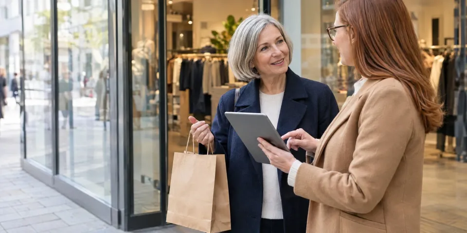 Eine Marketing-Datenspezialistin stimmt mit einem Vertriebsleiter die Eignung einer Zielgruppe für einen Produktstart ab.