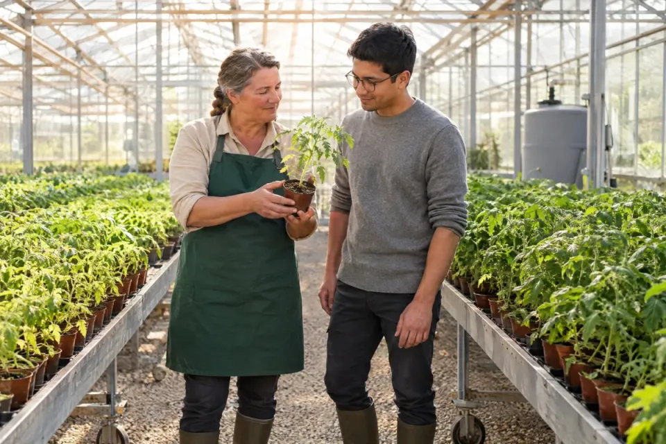 Seniorchefin einer Gärtnerei hält im Gewächshaus eine Tomatenjungpflanze hoch, ihr Nachfolger prüft sie und entscheidet über den Anbau