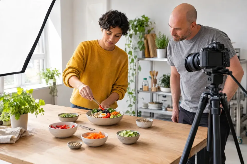 Ernährungswissenschaftlerin legt an einem Fotoset Gemüse in eine Bowl, damit die Portion stimmt, der Fotograf prüft den Aufbau