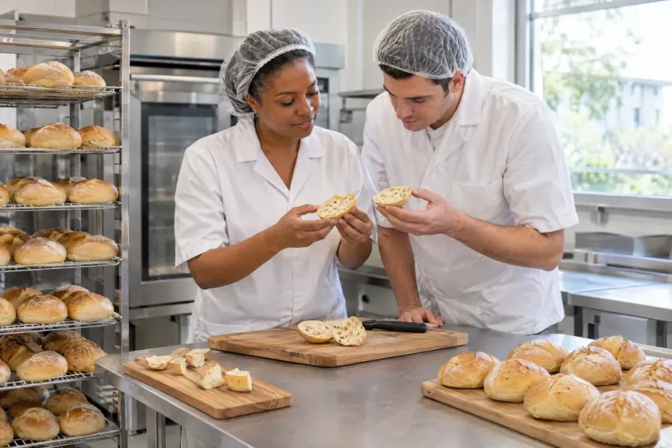 Lebensmittelentwicklerin zeigt einem Ernährungsfachmann in der Entwicklungsküche die Krume eines frisch gebackenen glutenfreien Brötchens