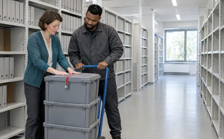 HR-Managerin verplombt im Aktenraum den letzten Sicherheitsbehälter mit Personalakten, der Mitarbeiter des Scandienstleisters hält die Sackkarre bereit
