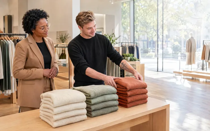 Abteilungsleiterin begutachtet im Modehaus den Aktionstisch, den ihr Verkäufer zum ersten Mal selbst aufgebaut hat