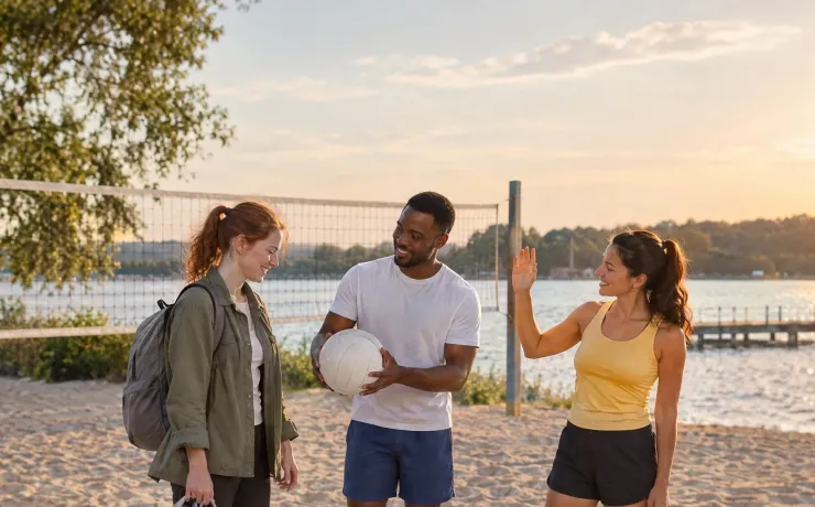 Eine Frau kommt in Arbeitsjacke von der Arbeit zu einem Beachvolleyballfeld am See, Freunde holen sie mit dem Ball ins Spiel