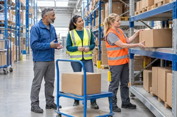 Gesundheitsmanagerin bespricht mit Schichtleiter und Lagermitarbeiterin im Logistiklager, schwere Kisten in ein Regalfach auf Hüfthöhe umzulagern