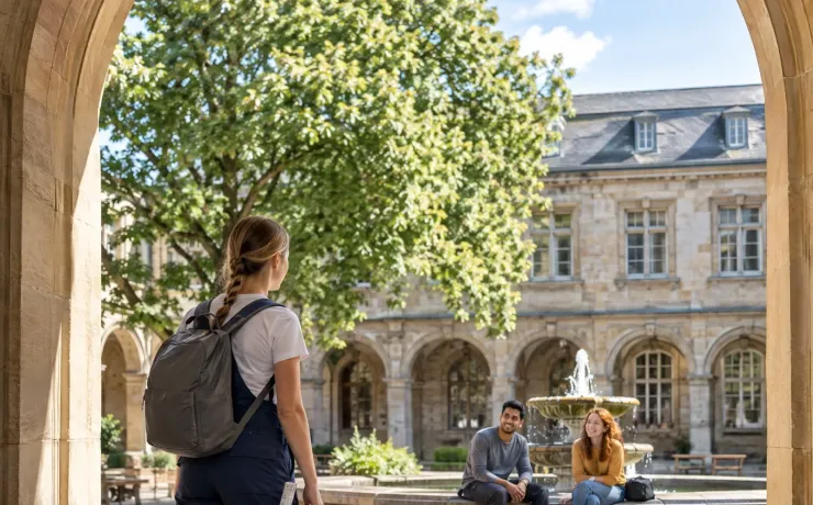 Frau in blauer Arbeits-Latzhose tritt durch das Portal in den Arkadenhof einer Universität, am Brunnen sitzen zwei Studierende