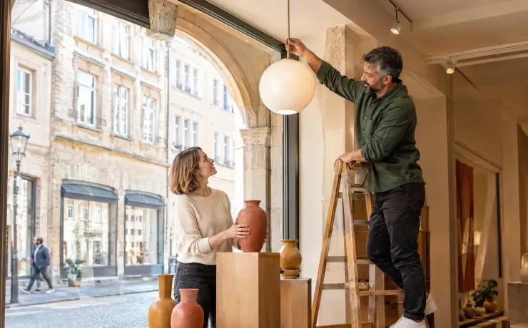 Marketing Studium: Frau ordnet Vasen im Schaufenster eines neuen Ladens, ein Mann hängt auf der Leiter die Pendelleuchte auf