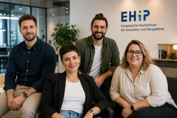Vier Mitarbeitende der EHiP-Studienbetreuung im Büro der Hochschule