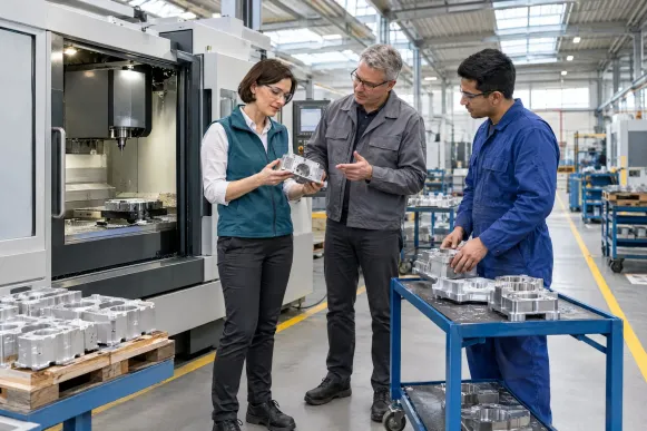 Technische Betriebswirtin prüft mit Fertigungsleiter und Maschinenbediener ein gefrästes Aluminiumteil in der Fertigungshalle