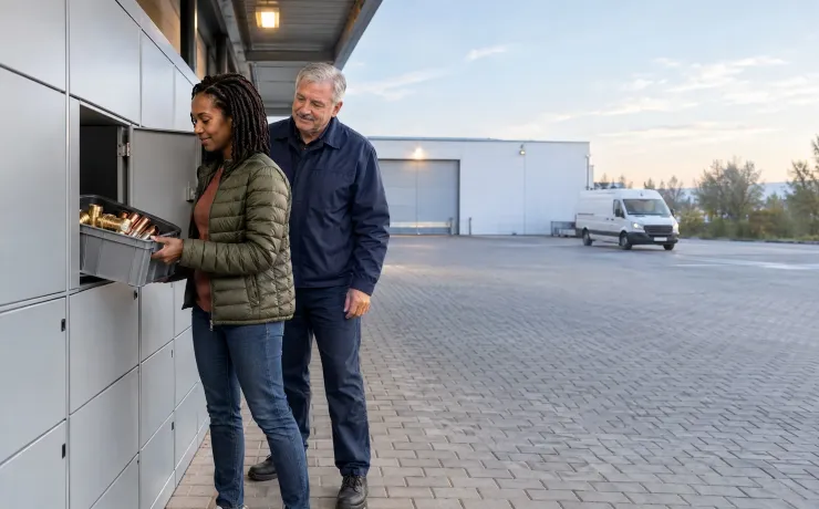 Transformationsmanagerin öffnet vor dem Start das erste Fach der neuen Abholstation eines Großhandels, der Niederlassungsleiter schaut zu