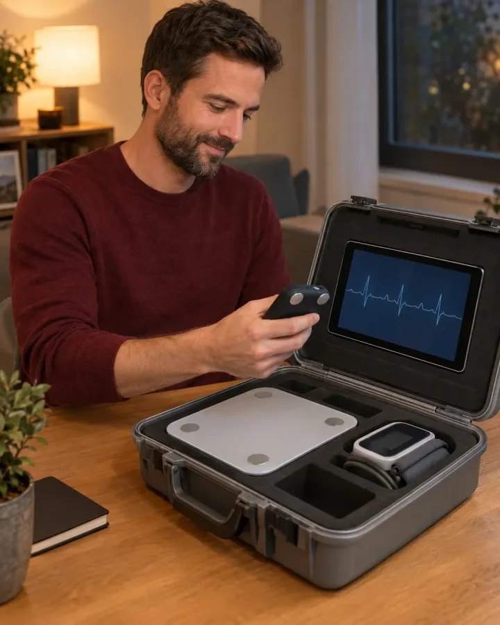 Mann koppelt am Abend das EKG-Handgerät eines geöffneten Telemonitoring-Koffers mit dem Tablet im Deckel