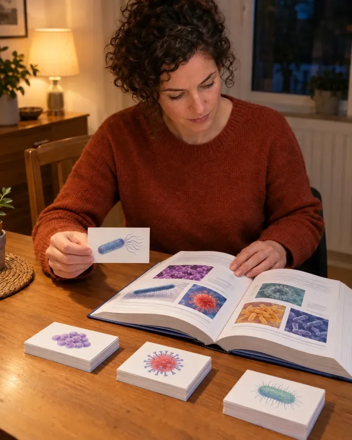 Frau ordnet am Küchentisch Karteikarten mit Erregerskizzen den Abbildungen eines Mikrobiologie-Lehrbuchs zu