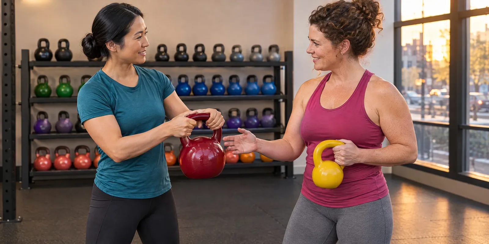Trainerin reicht einer Kundin, die noch die leichtere gelbe Kettlebell hält, nach einer sauberen Serie die nächstschwerere rote