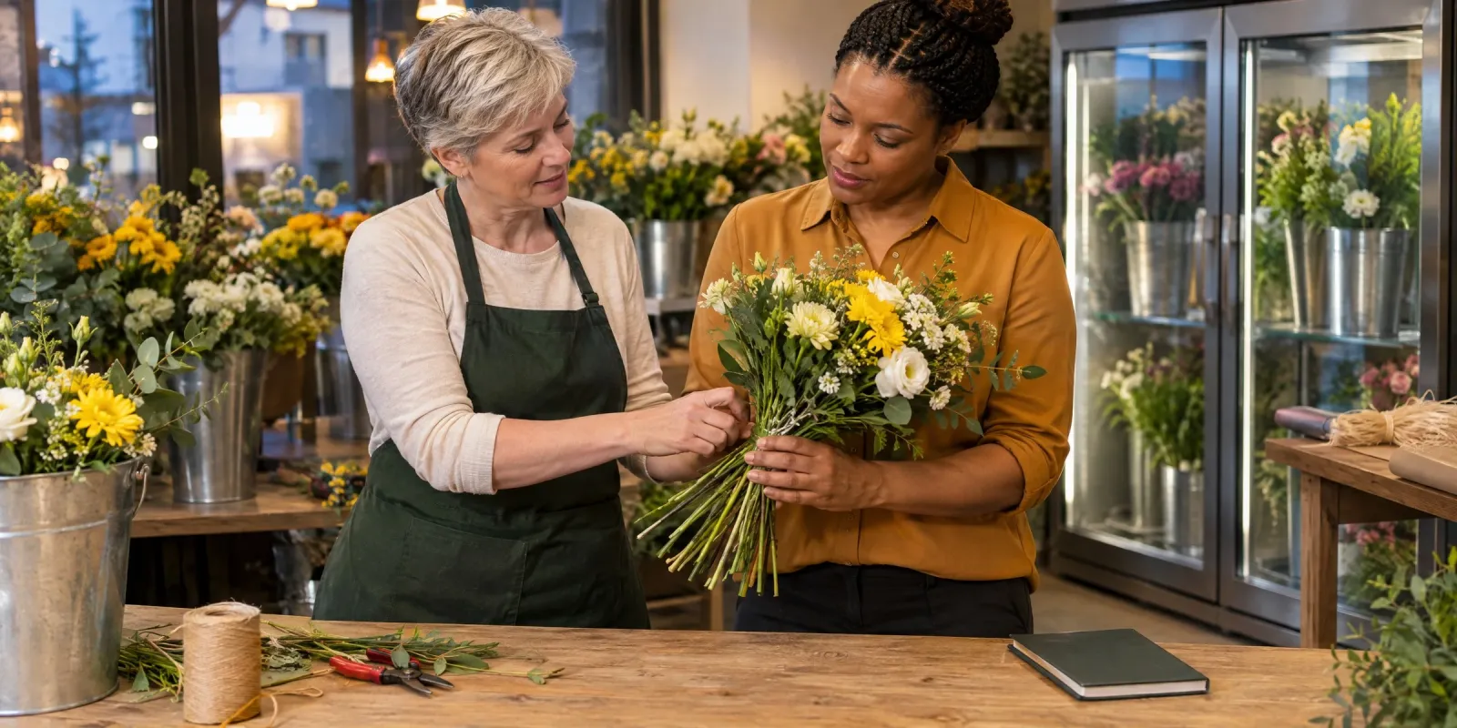 Transferdesignerin bindet in einem Blumenladen unter Anleitung der Floristmeisterin einen Strauß, um den Arbeitsschritt für ein Lernmodul kennenzulernen
