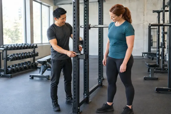 Personal Trainer stellt im Fitnessstudio die Sicherheitsstifte eines Kniebeugengestells auf die Körpergröße einer Kundin ein