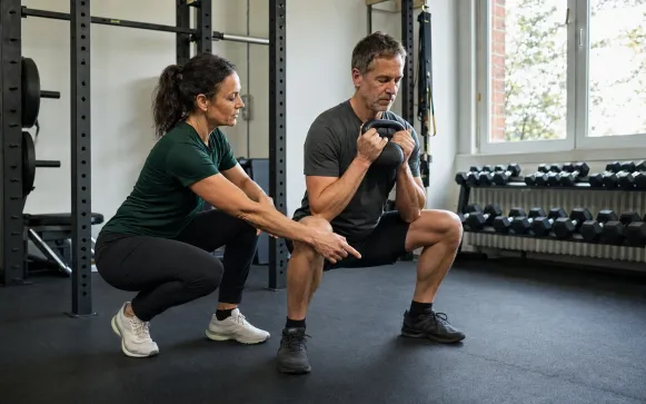 Personal Trainerin korrigiert die Kniestellung eines Kunden bei einer Kettlebell-Kniebeuge