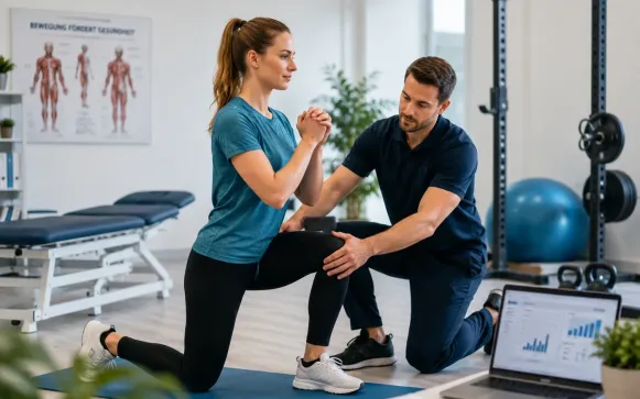 Trainer korrigiert die Ausführung einer Übung im Therapieraum
