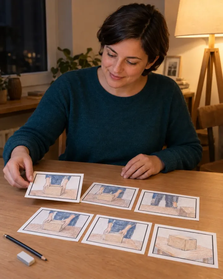 Frau ordnet am Abend die gezeichneten Einzelbilder eines Storyboards für ein Lernvideo neu
